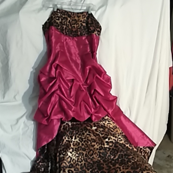 open lace back dress Leopard Sweetheart A Line Chiffon Ruffled Long Prom Dresses with Appliques, Leopard / 00 main image 1